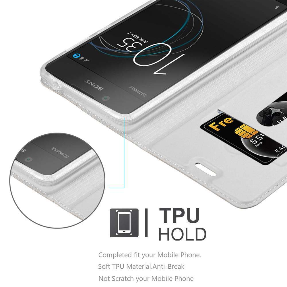 Custodia bianca con carta dentro, che mostra lo schermo del telefono e testo TPU Hold.