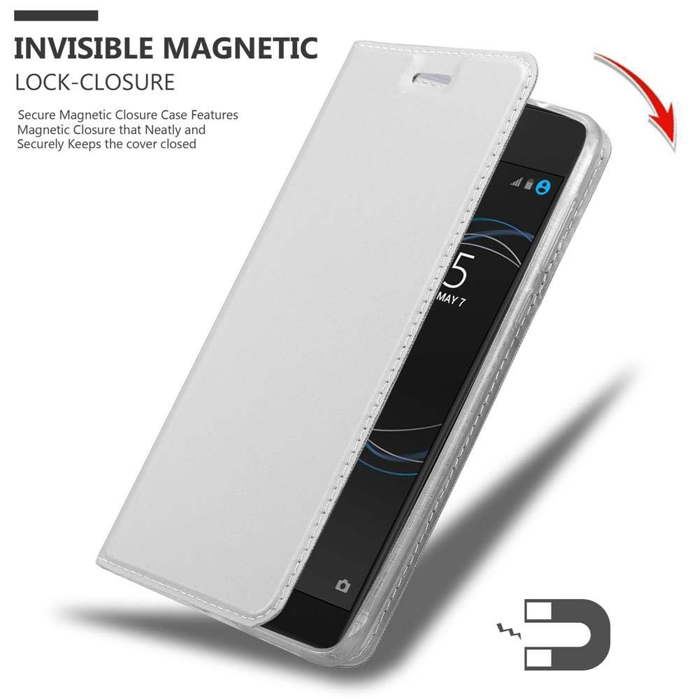 Custodia per telefono bianca con chiusura magnetica. Il telefono è parzialmente visibile.