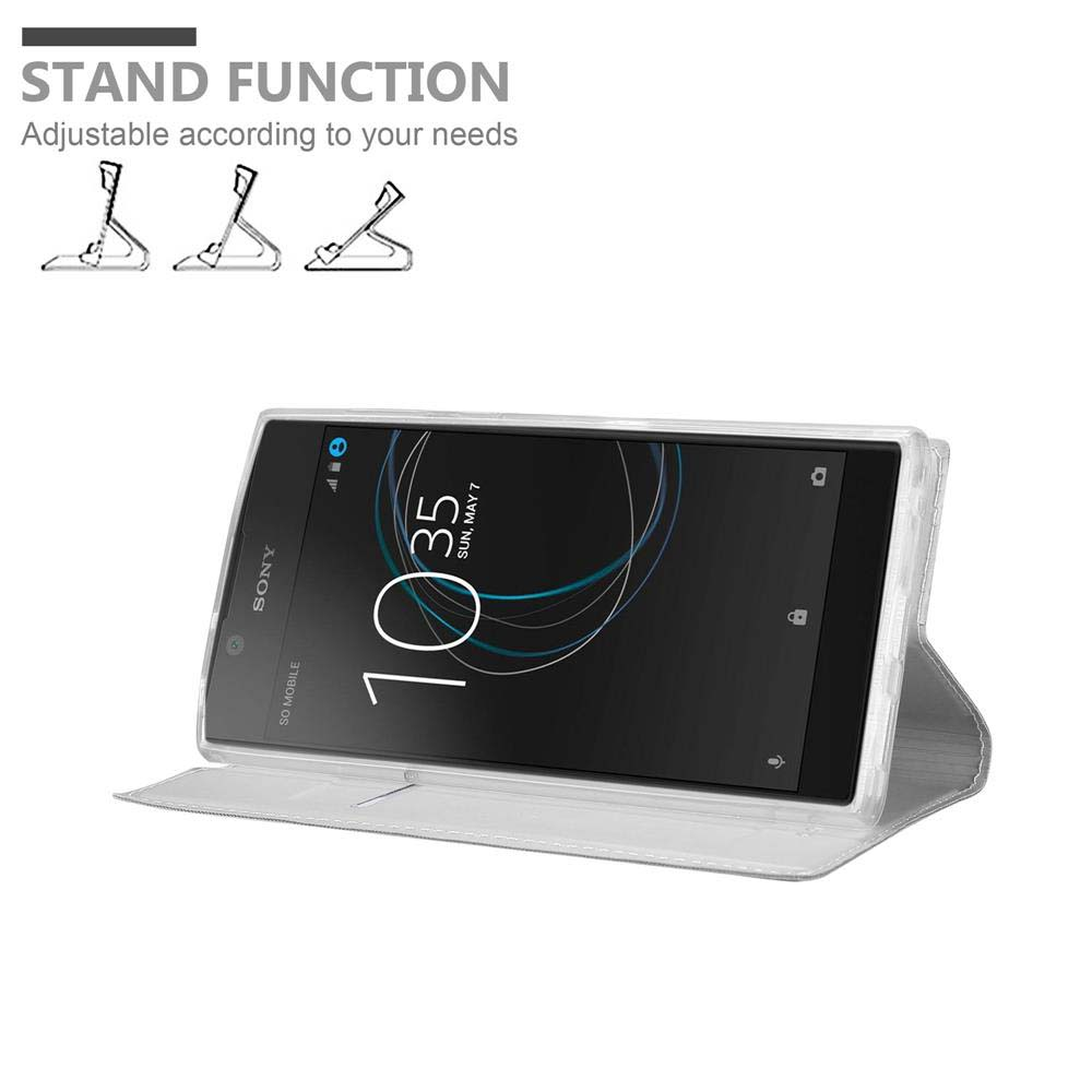 Custodia per telefono bianca con funzione stand. Il telefono è sul supporto. Testo: Funzione stand, Regolabile in base alle tue esigenze.