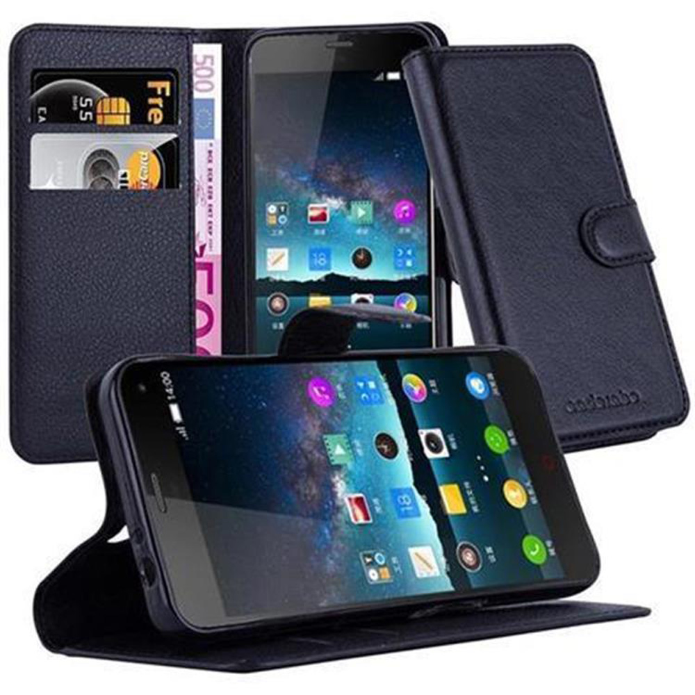Custodia blu per telefono con slot per carte e telefono con schermo visibile. Visualizzazioni multiple.
