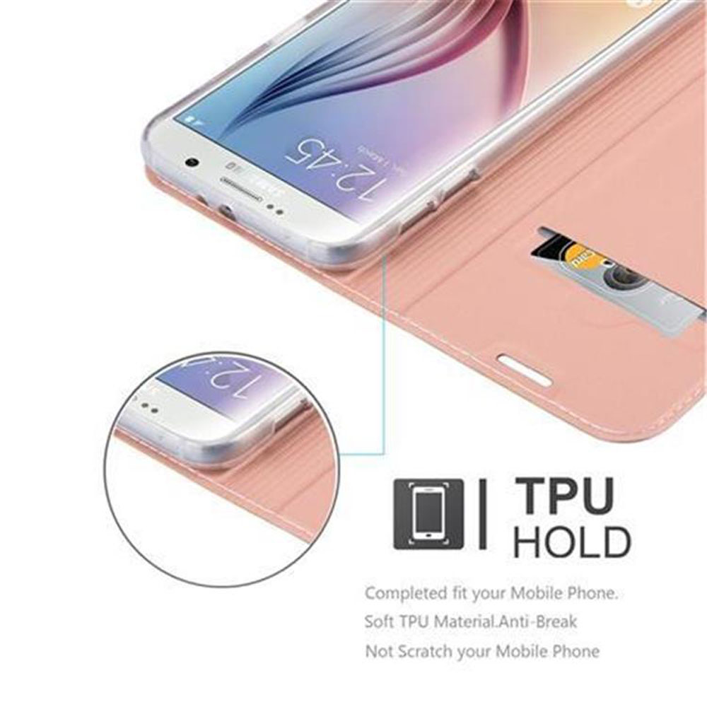 Un telefono in una custodia rosa con fessura per carte. Un'etichetta 'TPU HOLD' in basso.