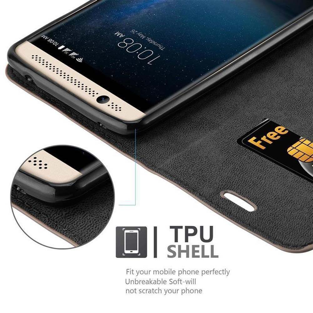 Schwarzes Handycase mit Kartenfach, Telefon zeigt Uhrzeit. Schwarzes Case mit strukturierter Oberfläche.