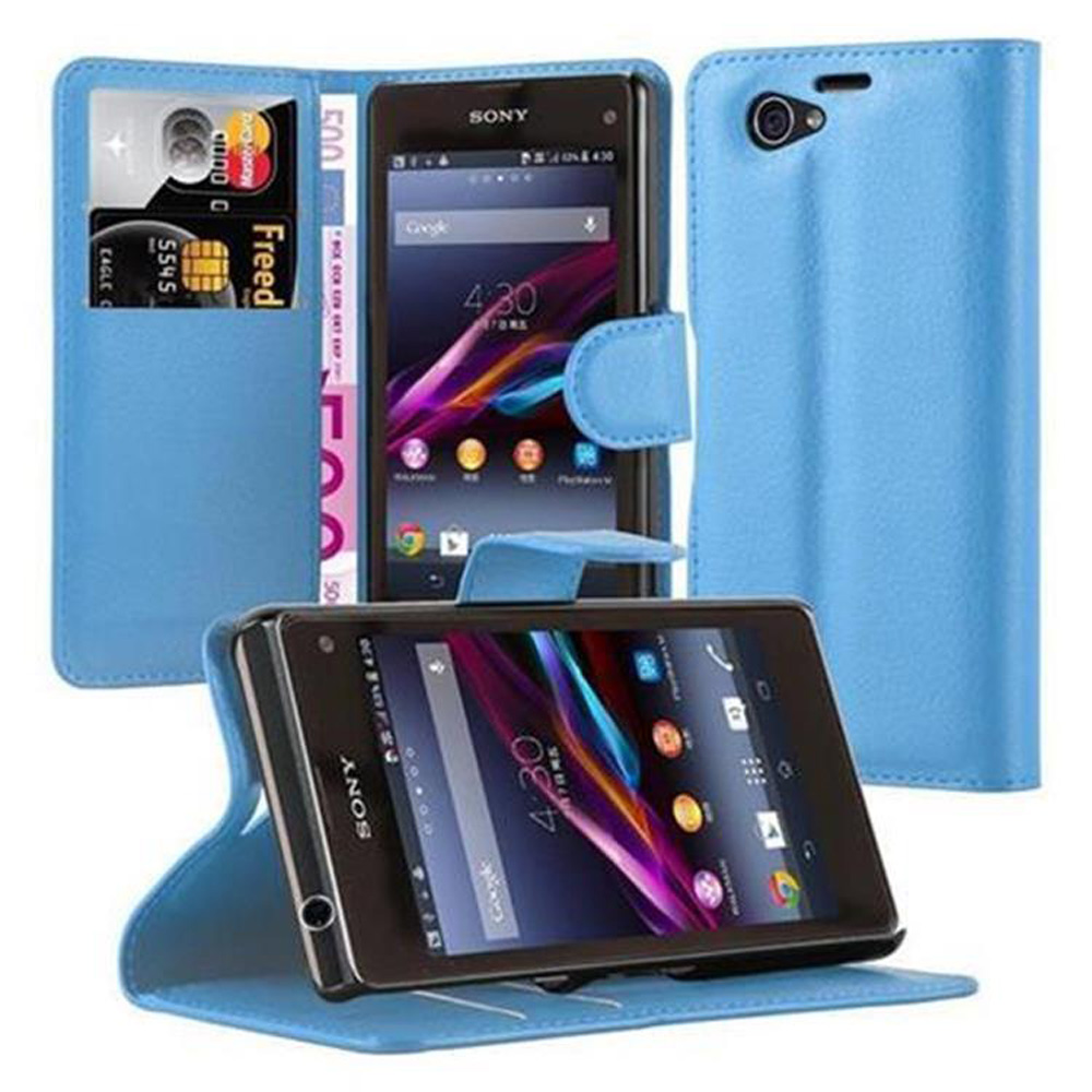 Custodia blu per telefono con design a portafoglio. Il telefono è dentro, carte e denaro visibili.