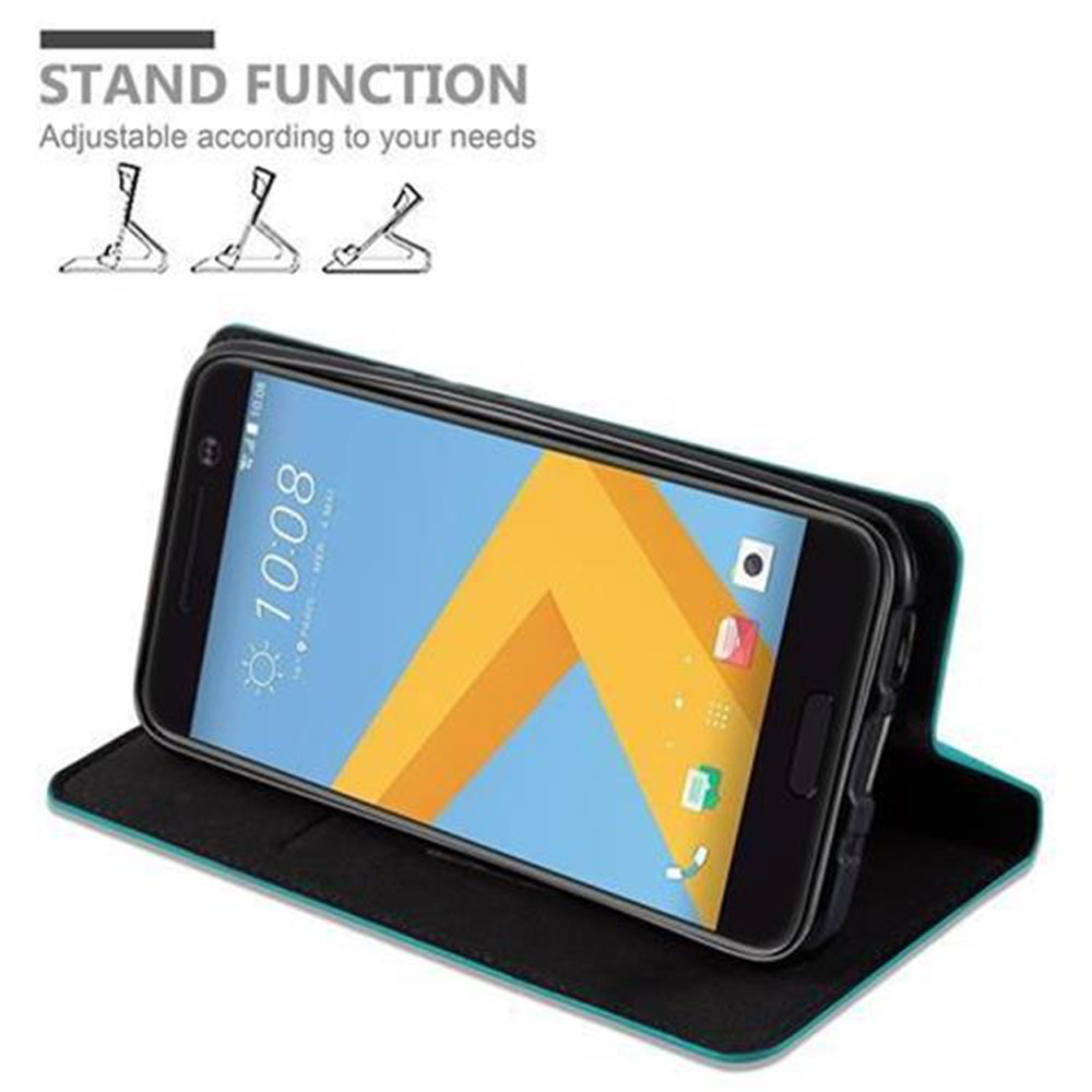 Ein Telefon in einer Hülle ist abgewinkelt. Der Bildschirm zeigt ein gelb-oranges Design. Standfunktion.