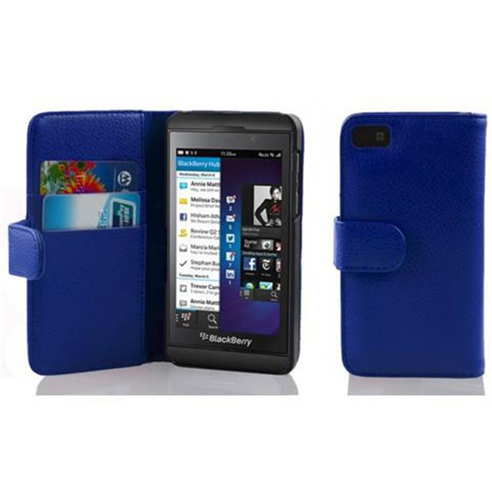 Blaue Leder-Handyhülle offen, um ein Telefon und Kartenfächer zu zeigen. Eine weitere Hülle ist geschlossen.