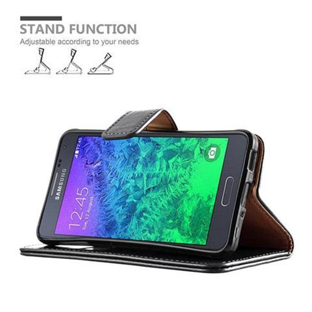 Schwarzes Telefon in einer schwarzen Hülle mit Ständerfunktion.