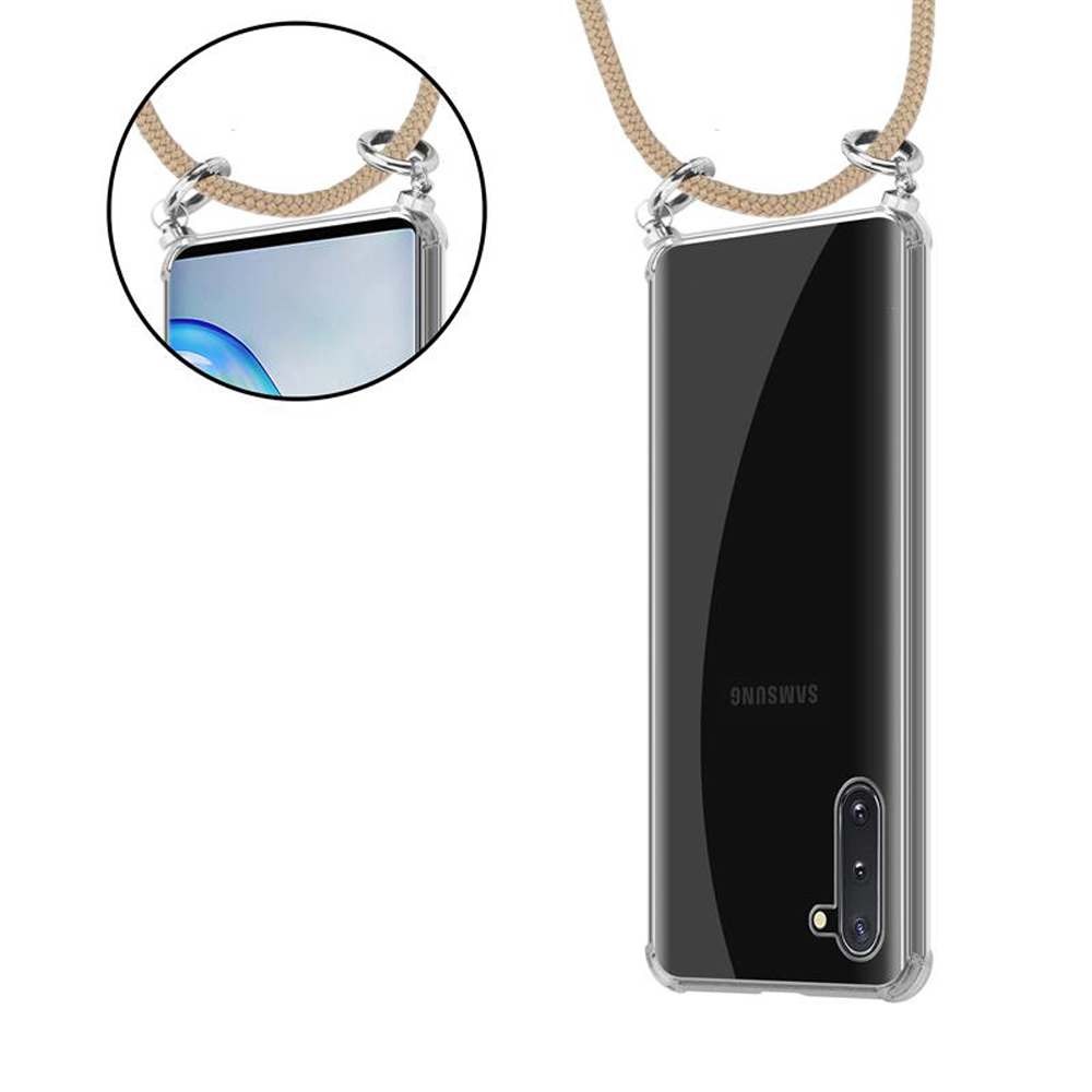 Custodia per telefono con telefono e cordino. La custodia è trasparente, il telefono è nero con schermo blu.