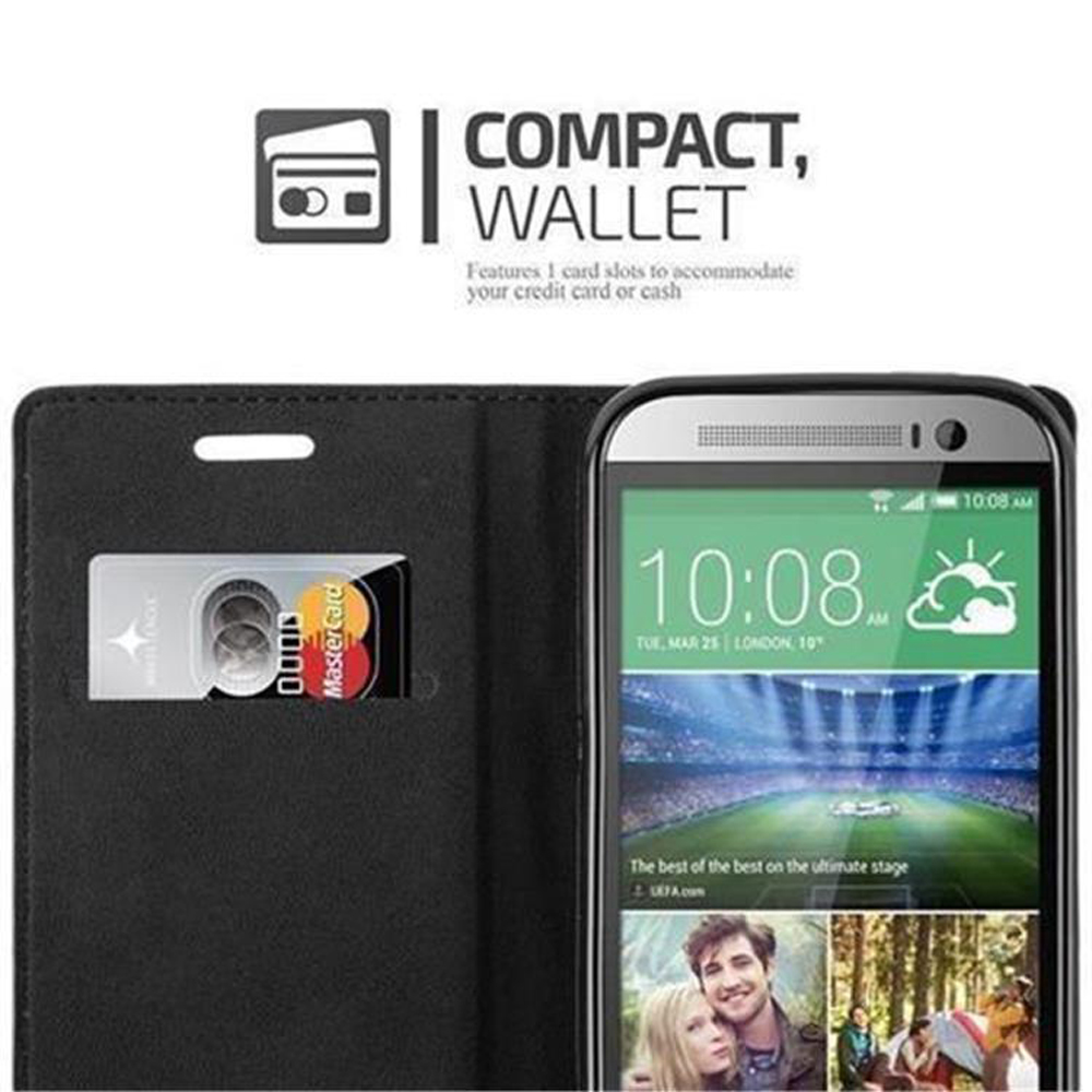 Un teléfono en una funda negra con una tarjeta de crédito en una ranura. La pantalla muestra la hora y las imágenes.