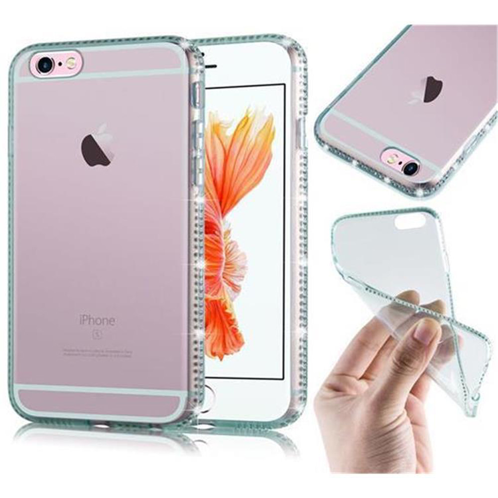Eine transparente Handyhülle mit rosa Rand, iPhone darin, und eine Hand hält eine Hülle.