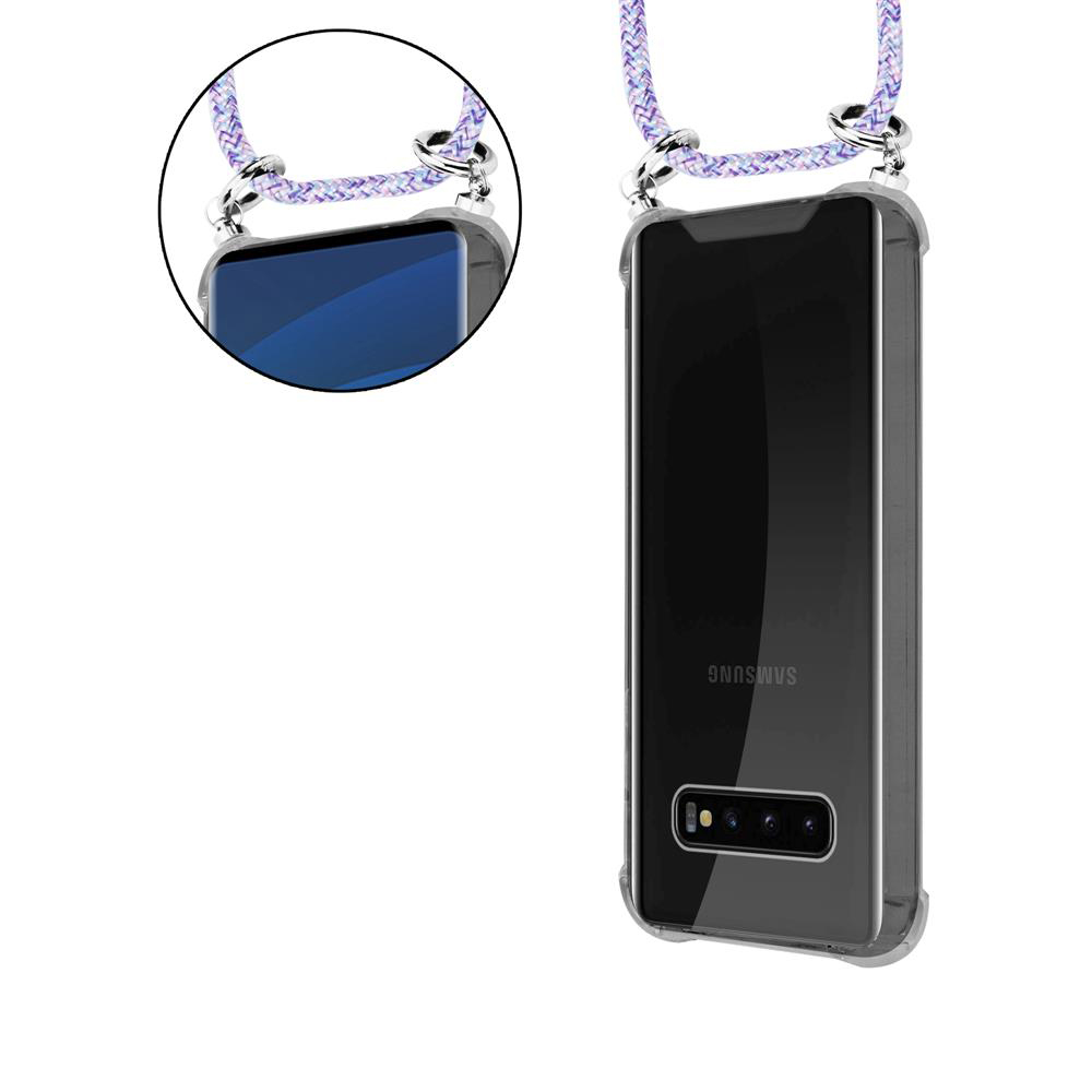 Telefono con custodia trasparente e cordino. Il telefono è nero. Il cordino è viola e bianco.