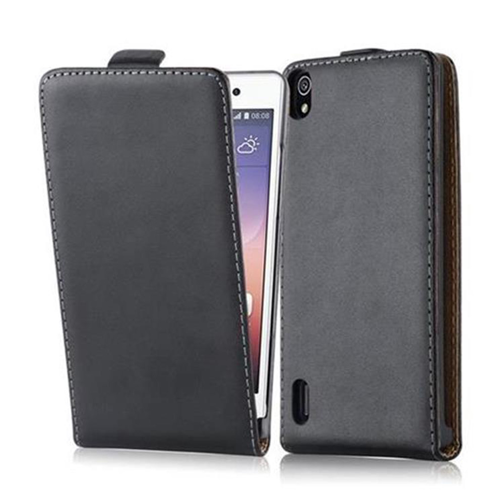 Un teléfono negro en una funda negra. La funda está abierta, revelando la pantalla del teléfono.