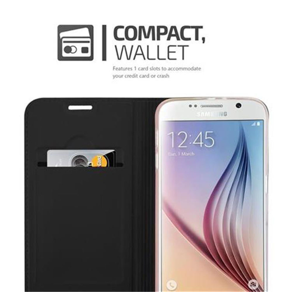 Una custodia nera per telefono con uno slot per carte di credito. Un telefono Samsung all'interno con l'ora visualizzata sullo schermo.