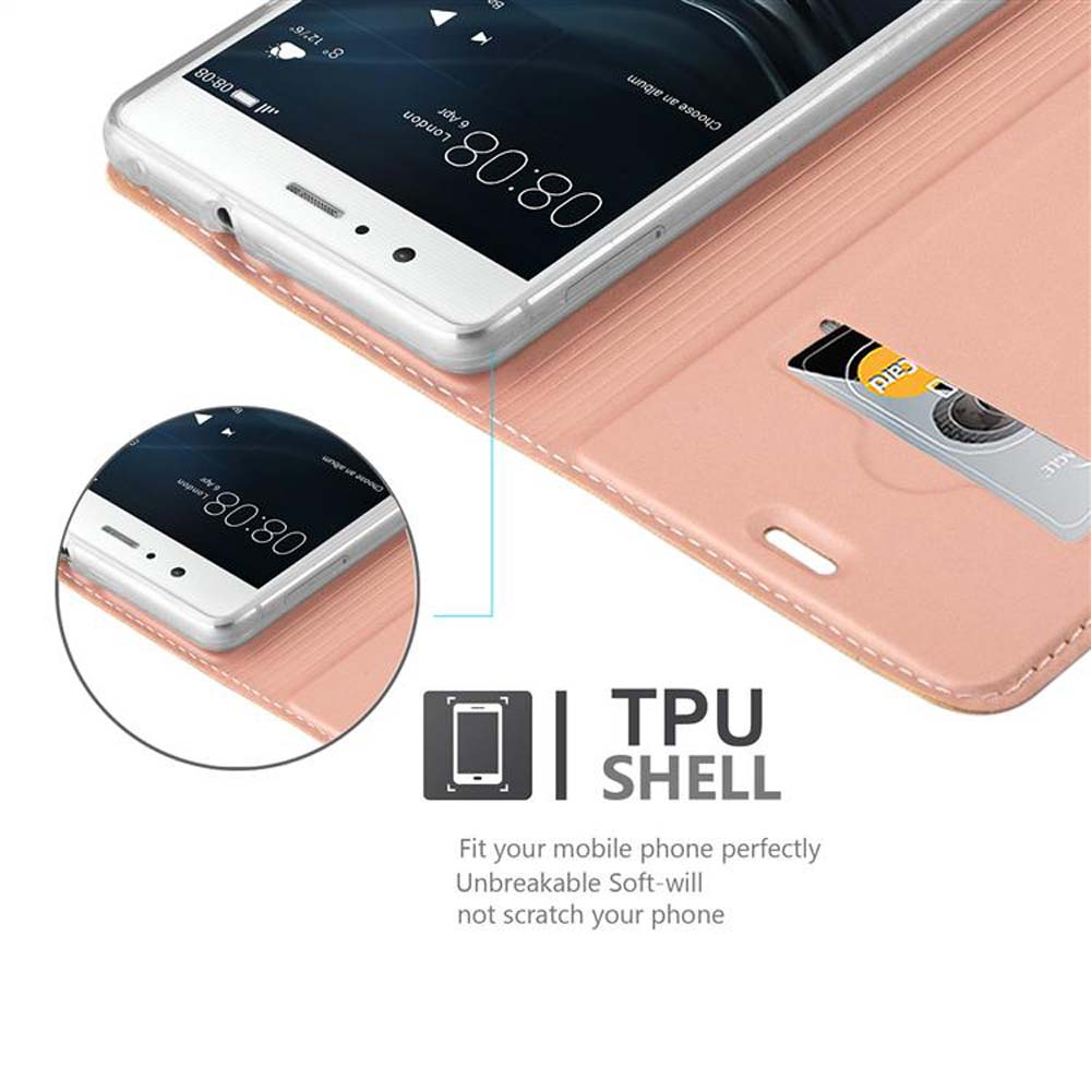 Una funda de teléfono está abierta, mostrando un teléfono con una pantalla que muestra la hora. Una tarjeta de crédito está en una ranura.
