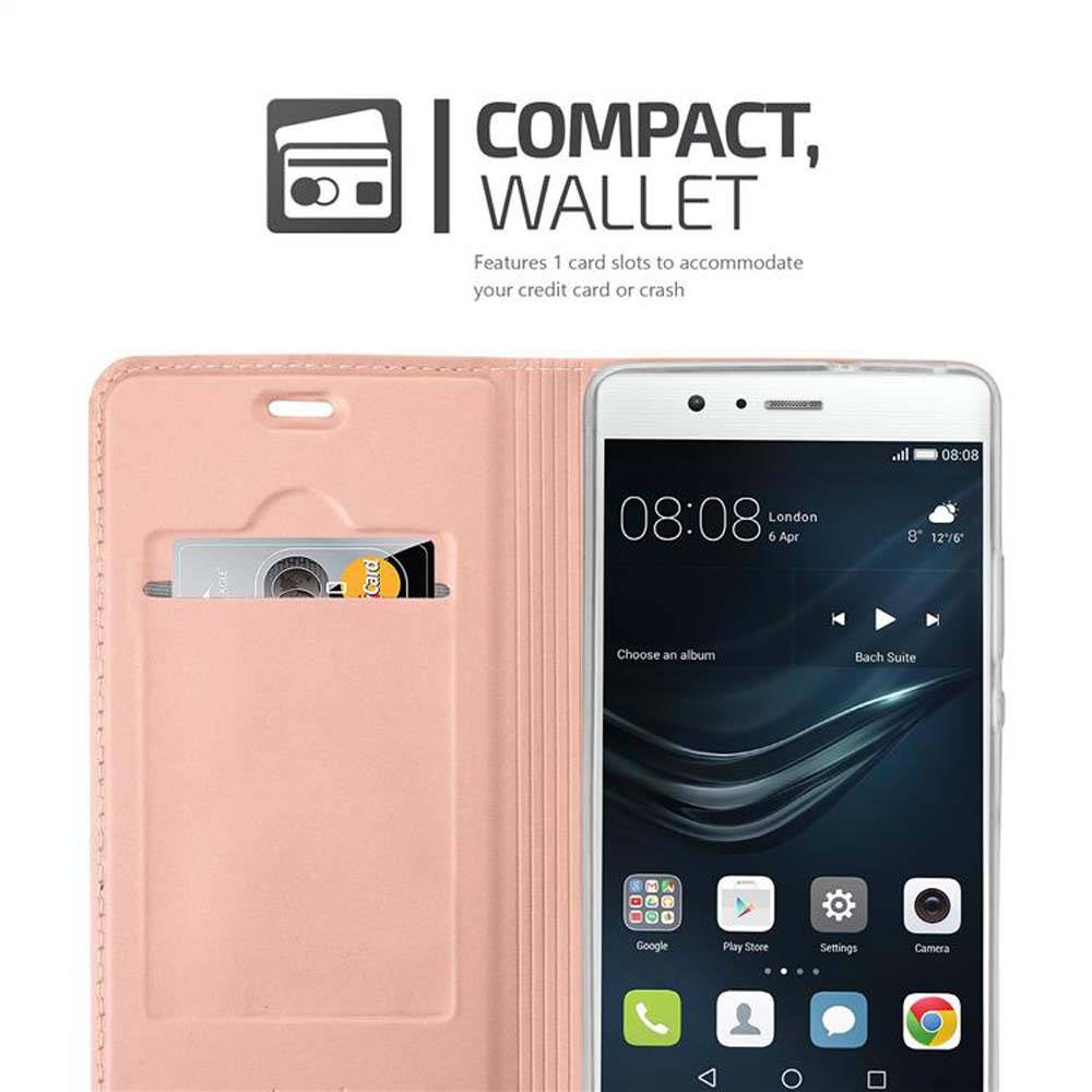 Funda de teléfono rosa, abierta. Un teléfono es visible, junto con una ranura para tarjeta de crédito.
