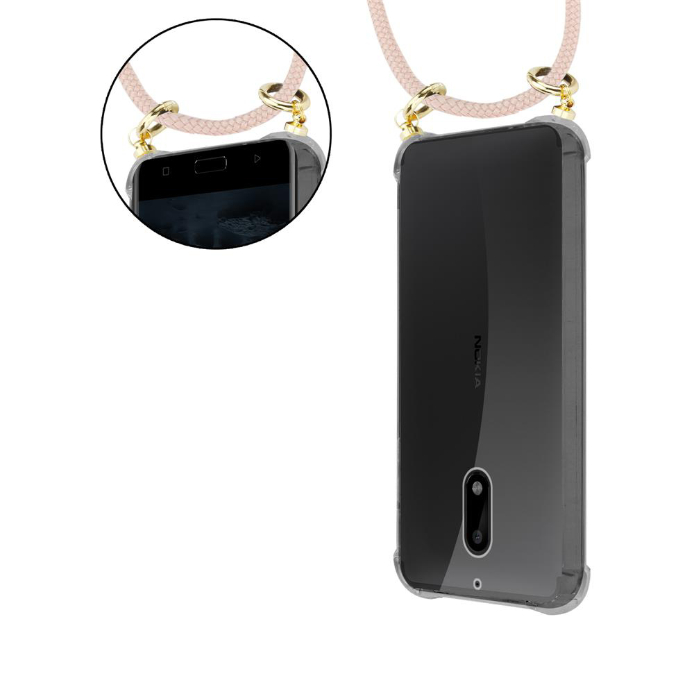 Telefon mit rosa Kordel, hängend von den oberen Ecken. Transparente Hülle.