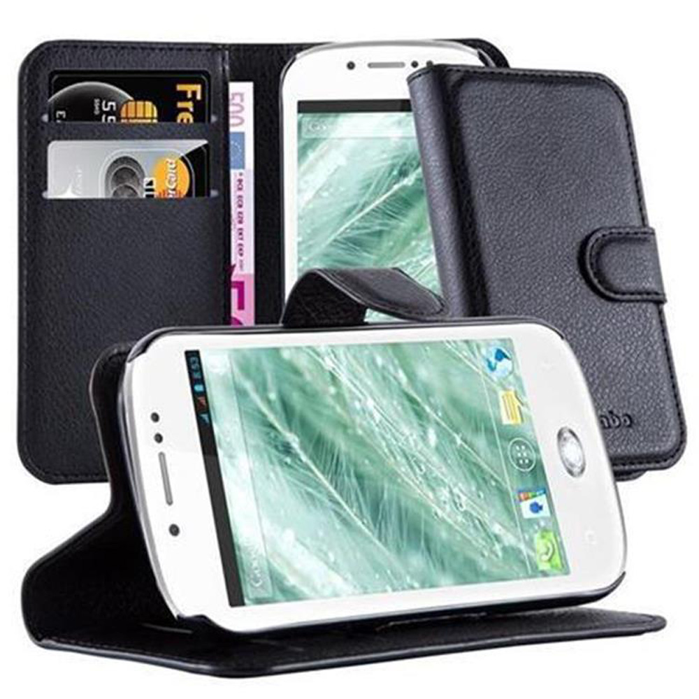 Telefono bianco in custodia di pelle nera. La custodia ha fessure per carte ed è aperta.