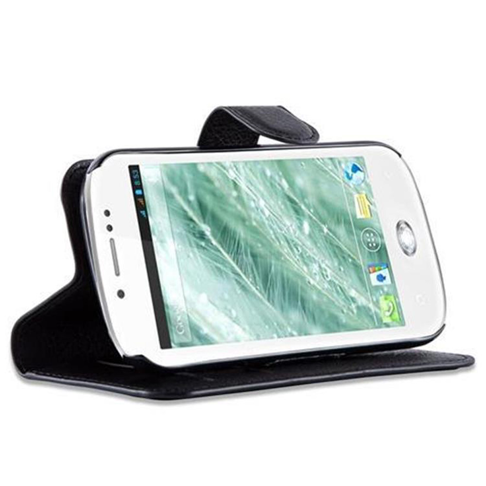 Telefono bianco in custodia nera aperta.