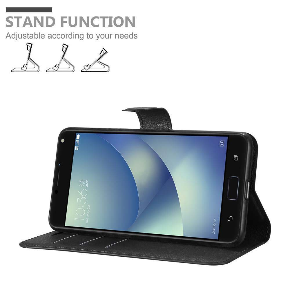 Custodia per telefono nera con funzione stand. Il telefono mostra l'ora. Testo: Funzione stand.