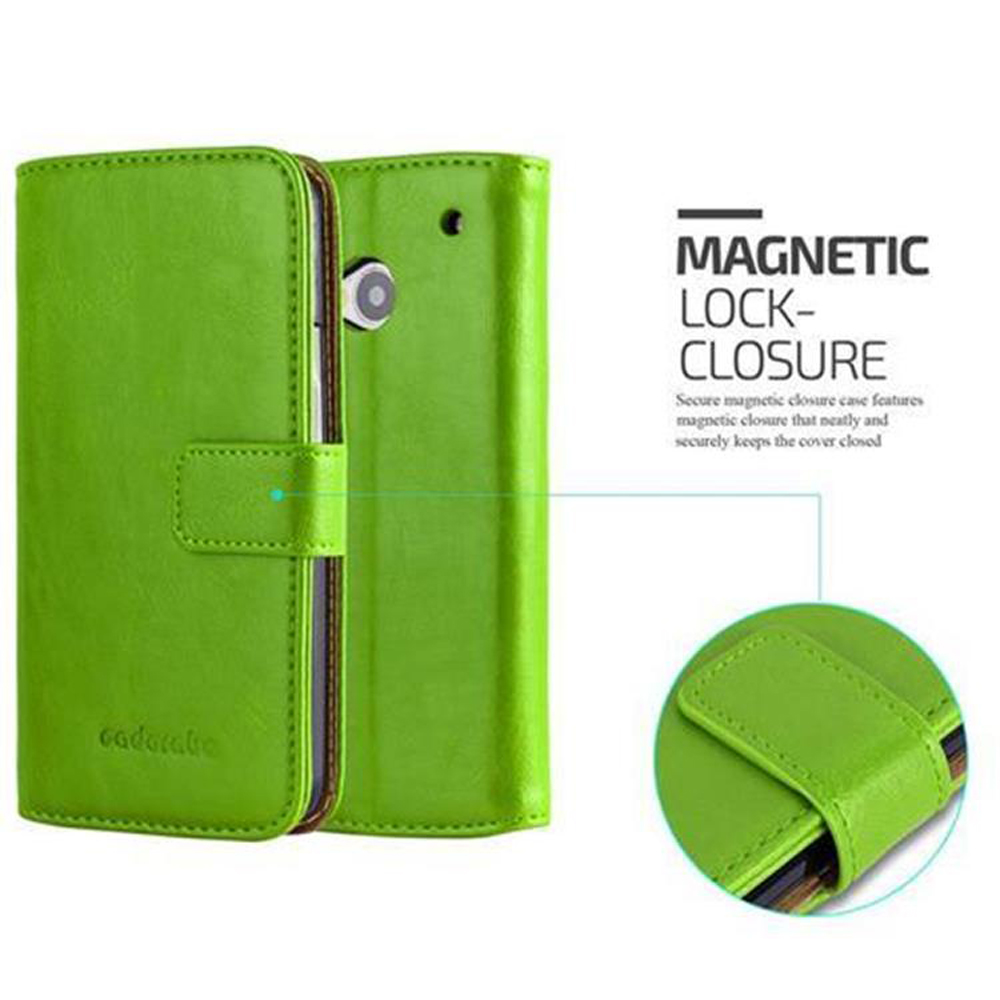 Custodia del telefono verde aperta. La custodia ha una chiusura magnetica per la sicurezza.