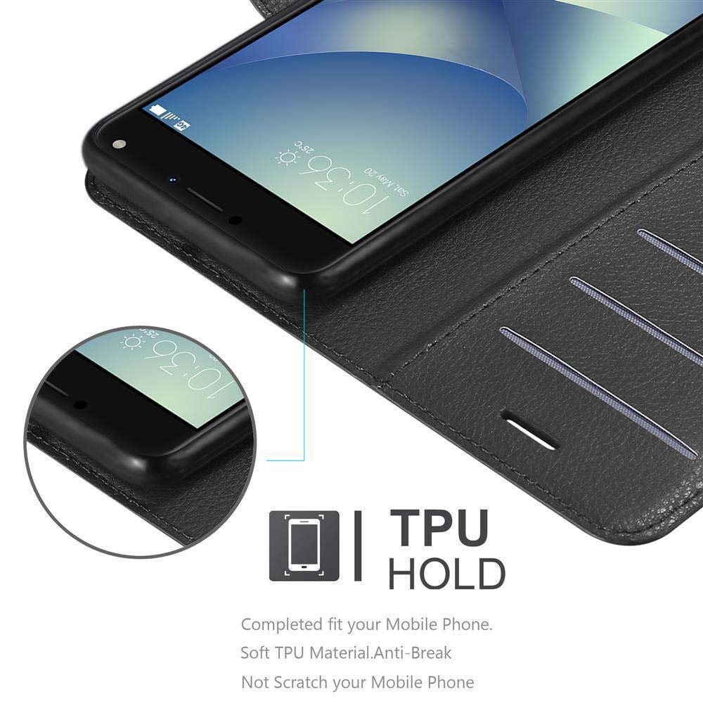 Telefono in custodia nera con fessure per carte. Primo piano mostra la funzione di tenuta in TPU.