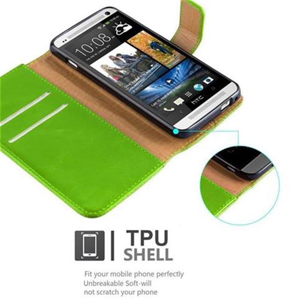Una custodia per telefono verde con un telefono all'interno. Il telefono mostra un'interfaccia dell'app.