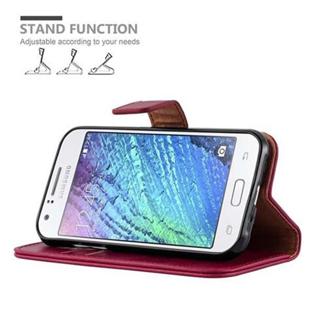 Telefono bianco in custodia rossa, per funzione stand, con icone.