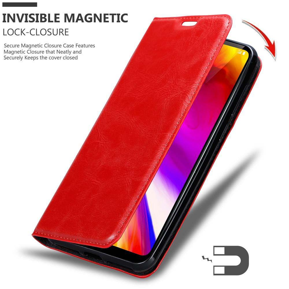 Rote Handyhülle, geöffnet, mit Telefon und Magnetsymbol.