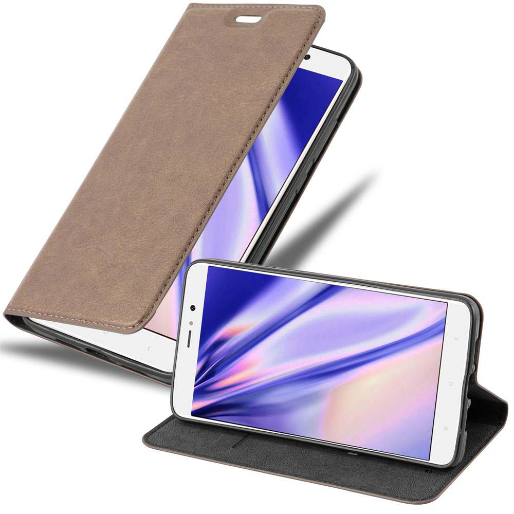 Funda de teléfono marrón abierta. Teléfono dentro. El teléfono muestra una pantalla con fondo morado.