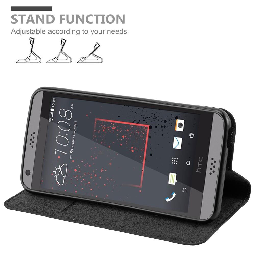 Teléfono en una funda, apoyado. La función de soporte se muestra arriba. El teléfono muestra la hora.