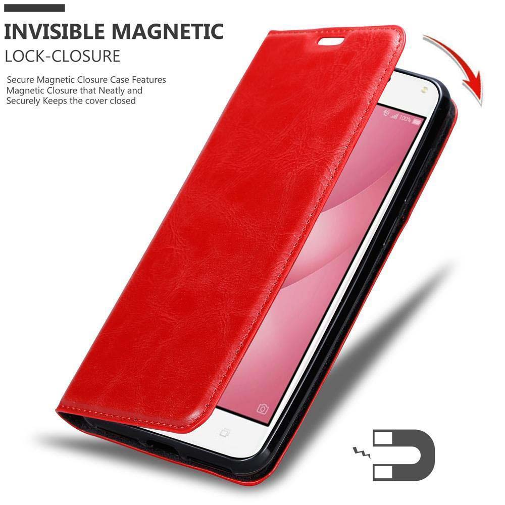 Custodia rossa per telefono, aperta. Testo: Chiusura magnetica invisibile.