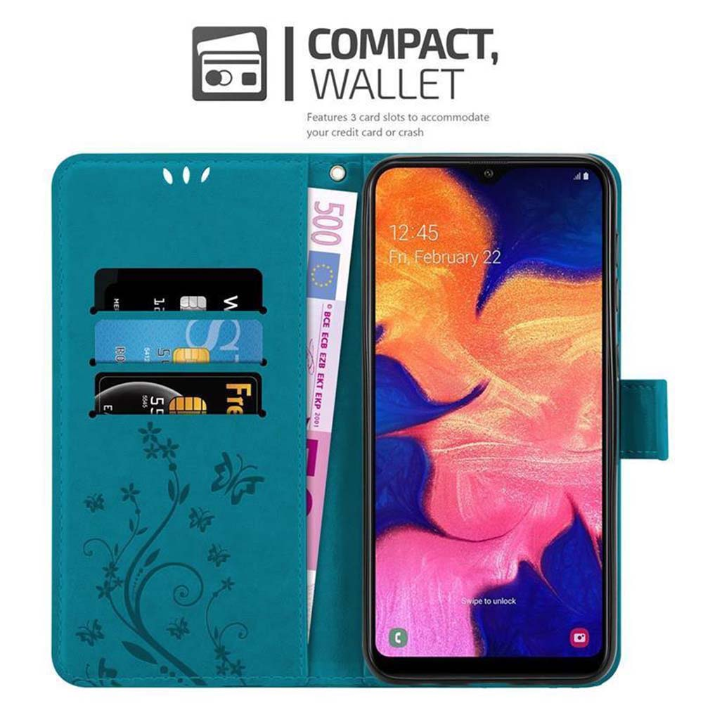 Türkisfarbene Handyhülle mit Fächern für Karten und Geld. Telefon zeigt Uhrzeit und Datum. Blumendesign.