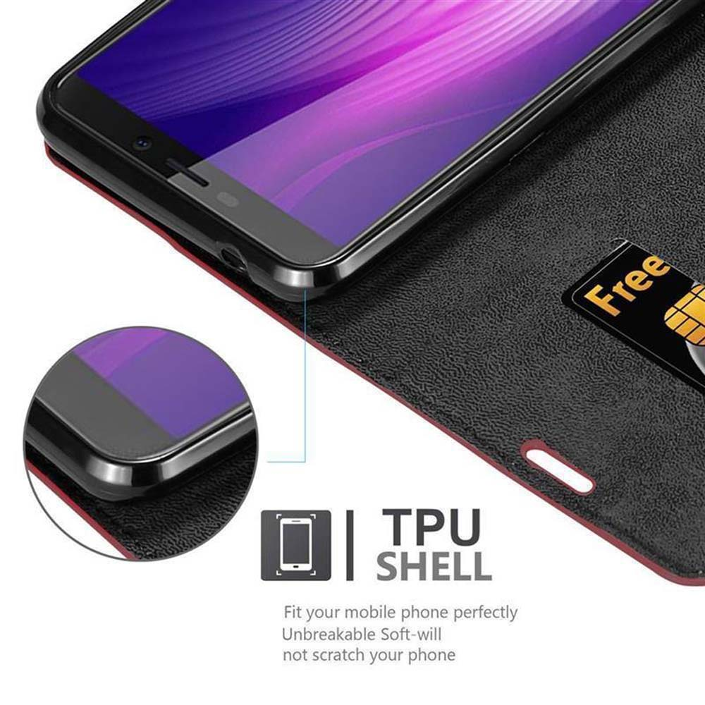 Nahaufnahme einer schwarzen Handyhülle, offen, mit einem Telefon darin und einer Kreditkarte in der Tasche. Text 'TPU Shell' wird angezeigt.