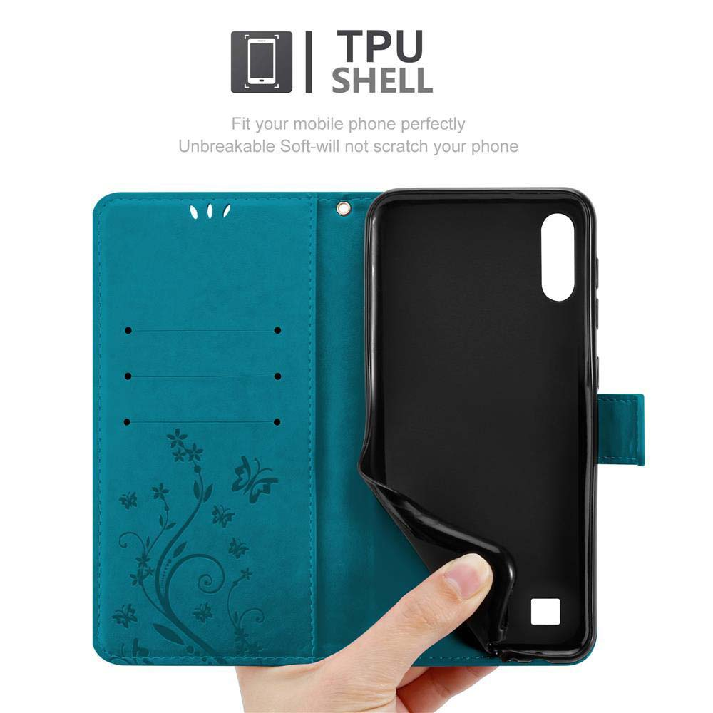 Türkisfarbenes Handy-Case, offen, mit schwarzem Case und floralem Design.