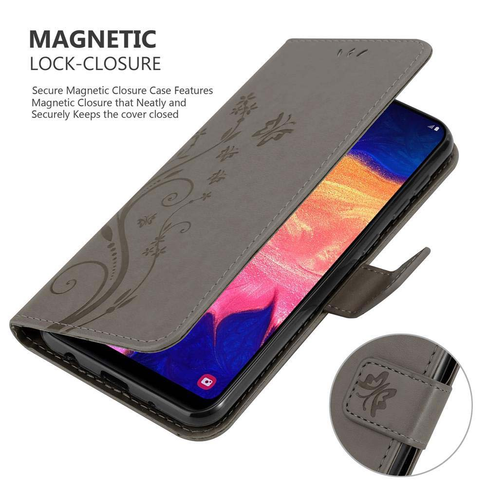 Eine Handyhülle offen, ein Telefon zeigend. Die Hülle ist grau und hat ein Blumendesign.