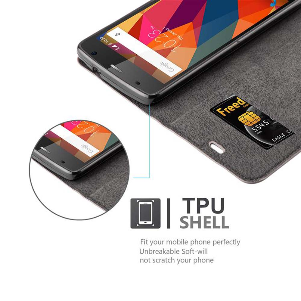 Teléfono negro con funda. El teléfono muestra la pantalla de inicio. También se ve una tarjeta SIM.