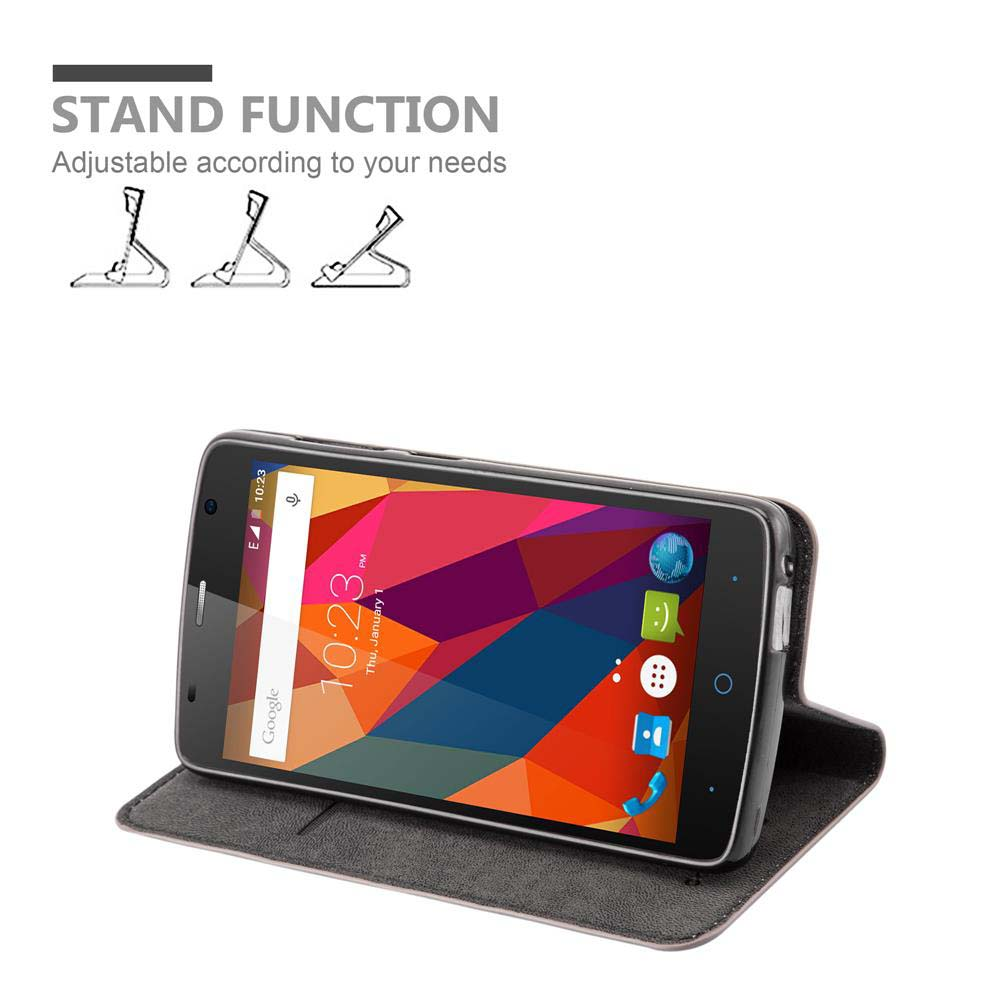 Teléfono en una funda negra con función de soporte. El teléfono muestra iconos de aplicaciones. Texto: Función de soporte.