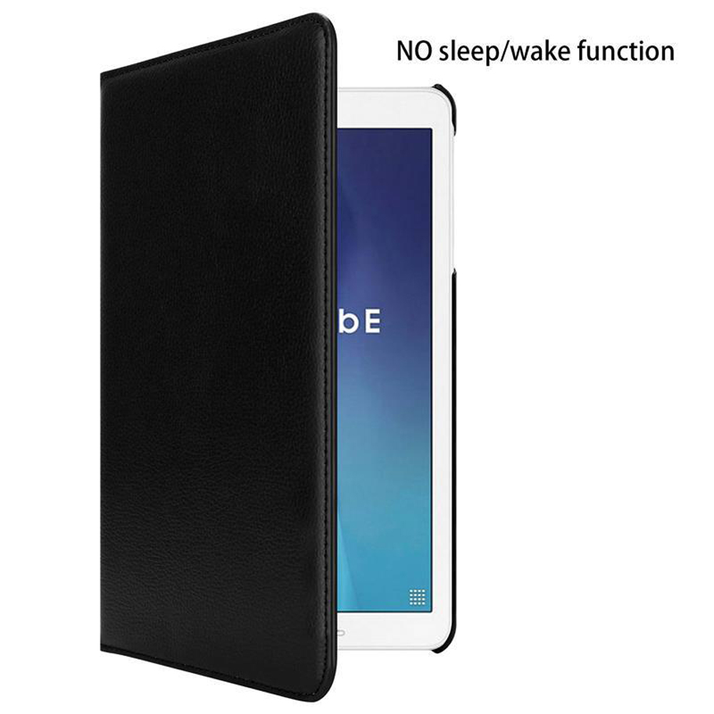 Schwarze Tablet-Hülle aus Leder, geöffnet, um ein Tablet freizugeben. Der Bildschirm ist an und sichtbar.