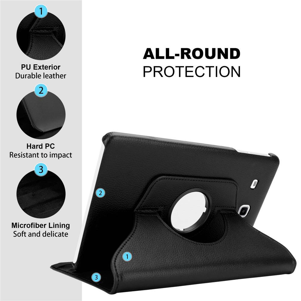 Eine schwarze Tablethülle mit einem drehbaren Ständer und einem Diagramm ihrer Eigenschaften.