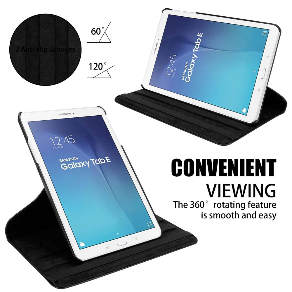 Schwarzes Tablet in einer schwarzen Hülle, in verschiedenen Winkeln geneigt dargestellt. Die Hülle ist offen.
