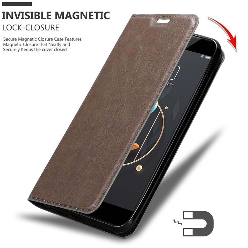 Custodia per telefono in pelle marrone con telefono all'interno, chiusura magnetica e freccia.