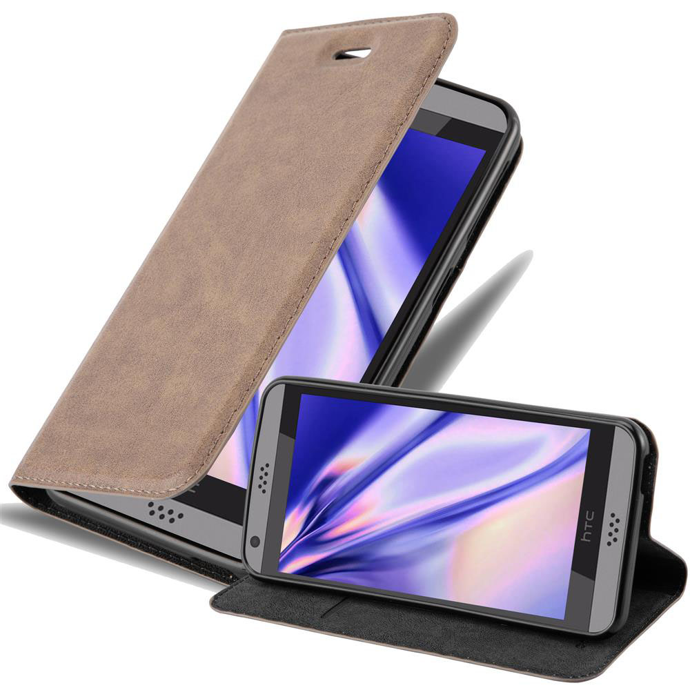 Funda de cuero marrón abierta, mostrando un teléfono. Otro teléfono en superficie blanca.
