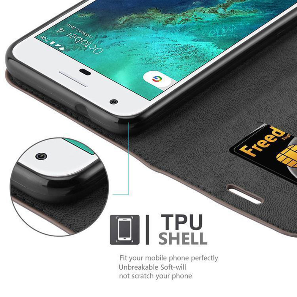 Telefono in una custodia aperta, con una carta. Testo: Guscio TPU.