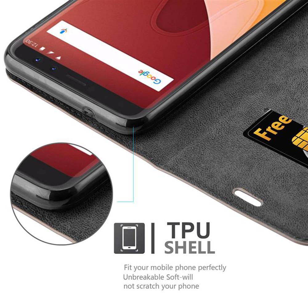 Telefono in custodia nera con slot per schede. Primo piano dello schermo con logo Google e carta gratuita.
