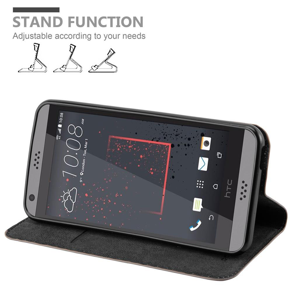 Teléfono negro en funda, apoyado para verlo. El texto muestra la funcionalidad del soporte ajustable.