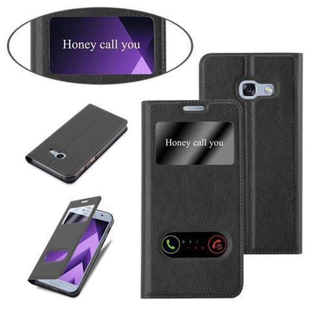 Schwarze Handyhülle mit Fenster, das einen Telefonbildschirm mit dem Text 'Honey call you' zeigt.