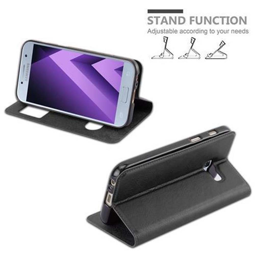 Eine schwarze Handyhülle mit einem Telefon darin, es kann stehen. Es gibt 2 Positionen zum Aufstellen des Telefons.