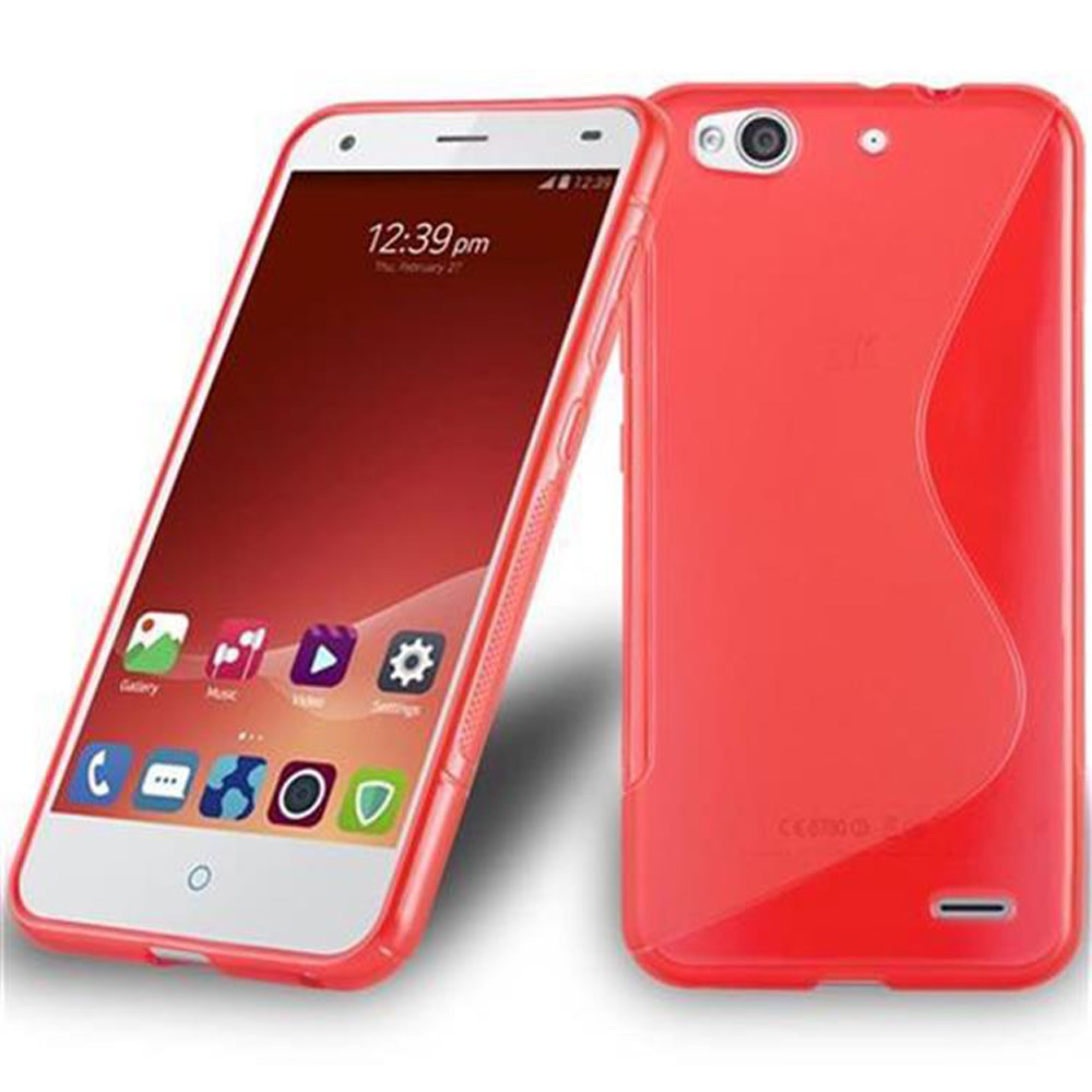 Smartphone rosso con custodia rossa. Lo schermo è acceso e una fotocamera è visibile sul retro.