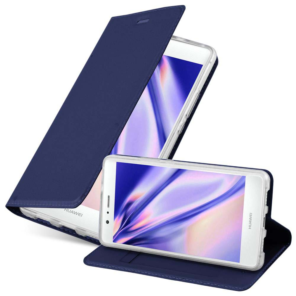 Funda azul, abierta, con teléfono dentro. El teléfono es blanco, la funda azul.