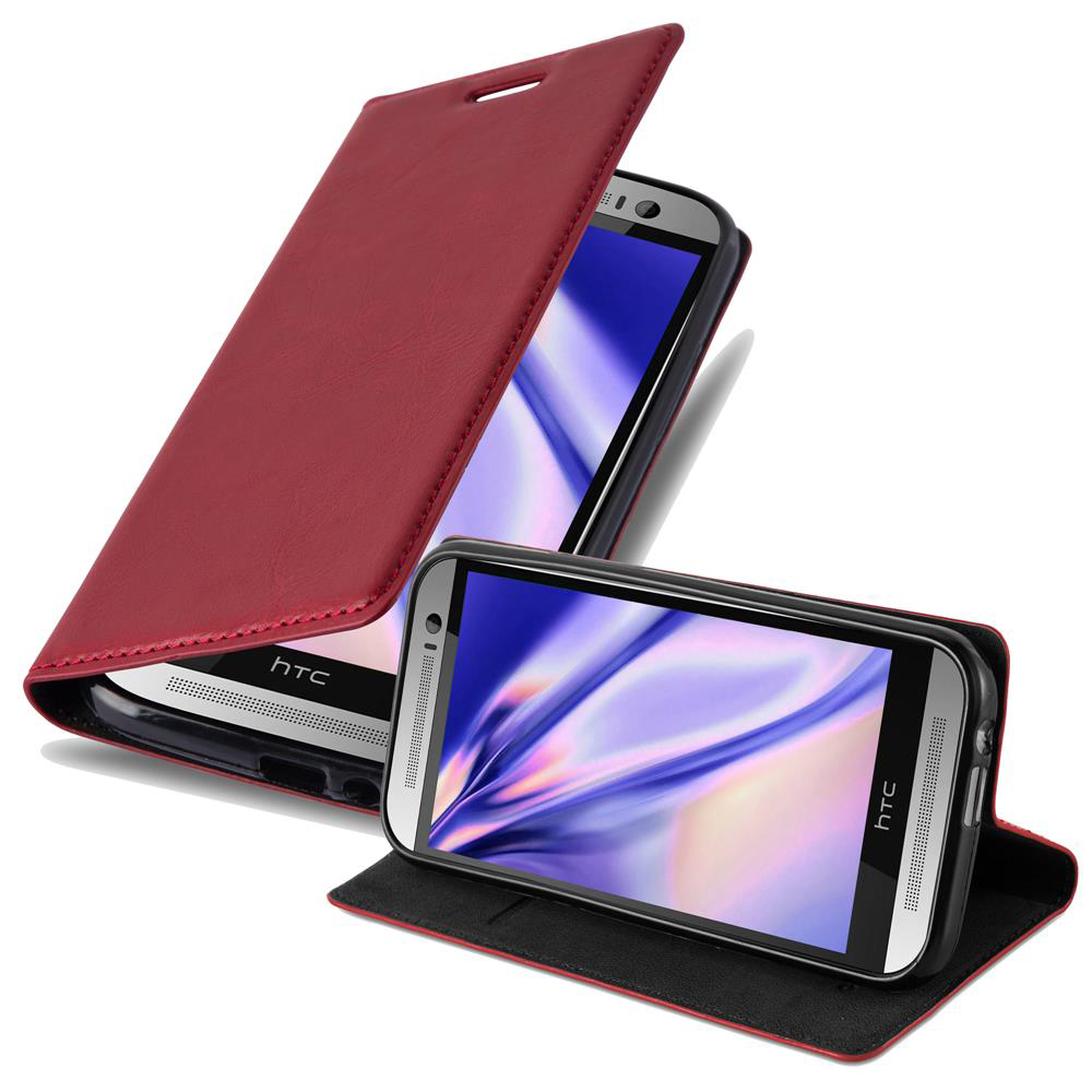 Una funda roja para teléfono, abierta y cerrada, con un teléfono dentro.