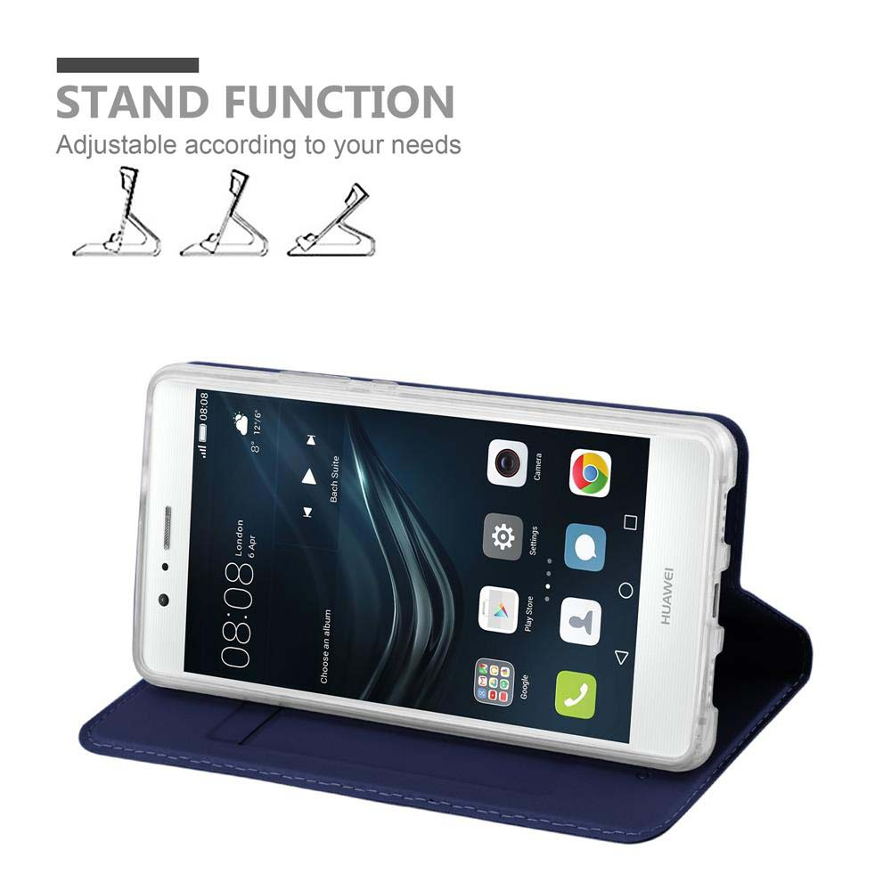 Un teléfono en una funda azul que puede actuar como soporte. Se muestra la función de soporte. El teléfono es blanco.